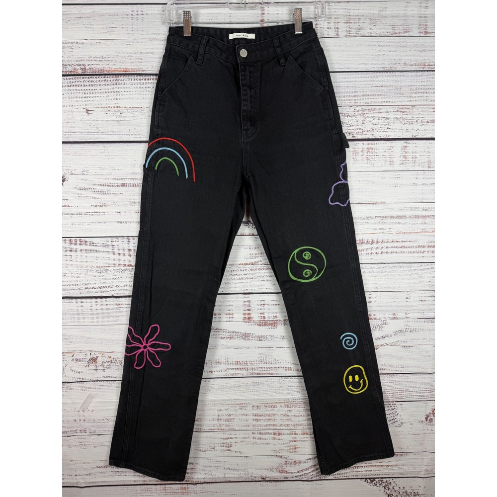 PacSun 90's BF Carpenter Jeans Black Embroidered Rainbow Y2K Baggy sz 26 - Picture 2 of 10